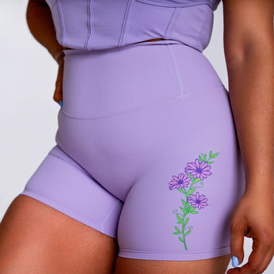 FLORAL VIOLET-CROSS-OVER WAIST SHORTS -4" INSEAM