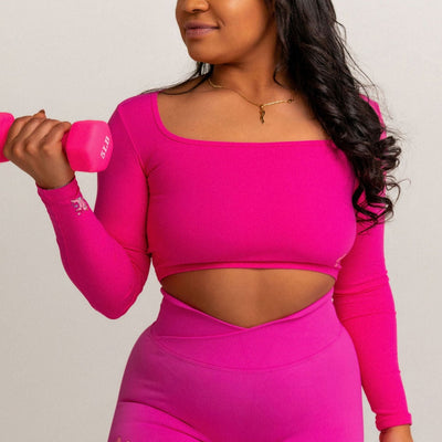 FUSHIA ROSE-LONG SLEEVE CROP TOP